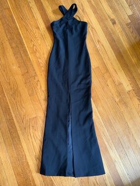 Likely Willa Cross neck halter Black maxi Dress gown slit front 00
